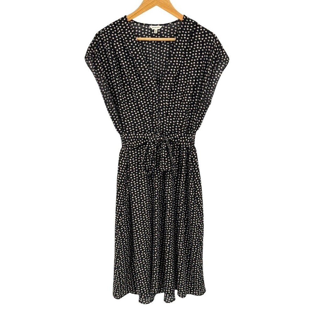 Max Studio Size Medium Midi Dress Black Polka Dot Cap Sleeve Smocked Tie Waist